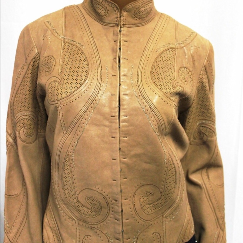 new THEORY laser cut leather jacket sz M